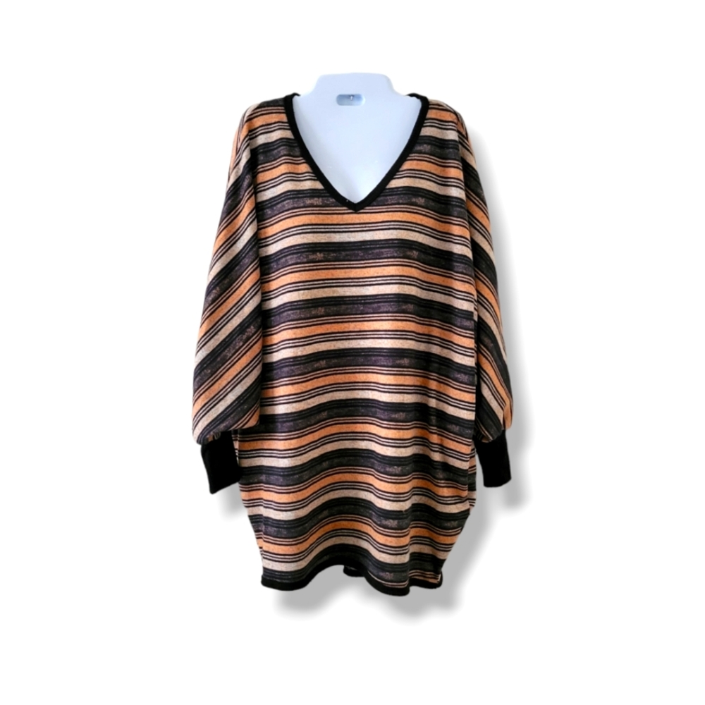 Primi | Oversized Black/Tan Striped V-Neck Batwing Tunic Sweater (SIZE S/M)